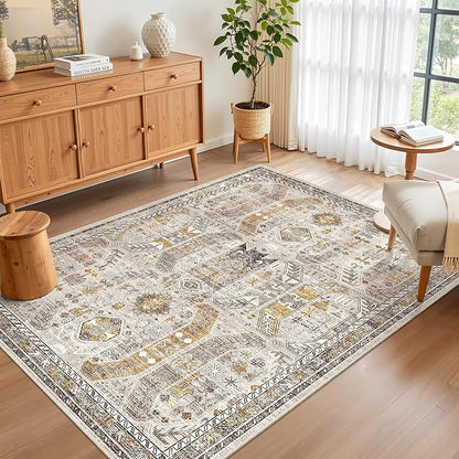 Madane Area Rug 3x5, Washable Entryway Rugs Printed Vintage Rugs for Bedroom Non Slip Indoor Kitchen Runner for Living Room Laundry Room Playroom Soft Non-Slip Floor Carpets, Brown/Gold