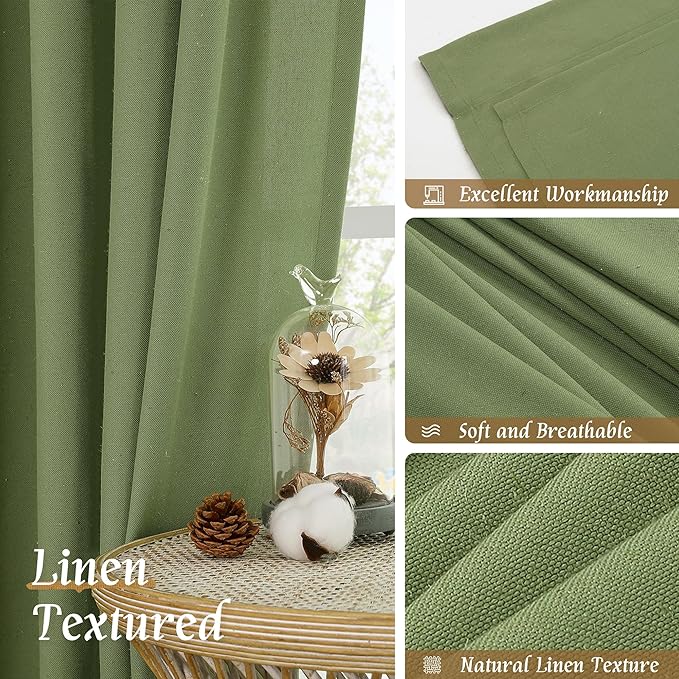 LAMIT 48 Inch Linen Curtains 2 Panels, Soft Faux Linen Light Filtering Panels Rod Pocket Farmhouse Privacy Drapes for Small Window/Loft Room, 42 x 48 Inch, Green
