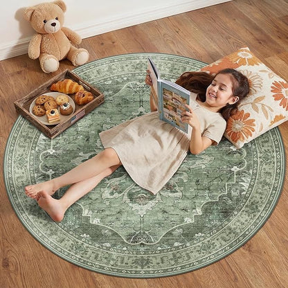 RELEANY Area Rugs 4ft Washable Non-Slip, Floral Vintage Distress Print Pattern Medallion Carpet for Living Room Bedroom Dining Room, Dark Green Gray
