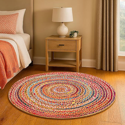 Hausattire Bohemian Braided Rug 4' Round - Multi Color, Circle Farmhouse Jute Cotton Area Rag Rug for Kitchen, Kids Bedroom, Playroom | Colorful Hand Woven Reversible Pet Friendly Carpet