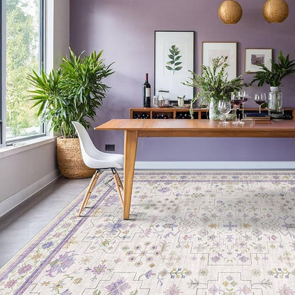 8x10 Large Lavender Rug for Bedroom, Floral Area Rug for Living Room, Dinning Room Under Table, Cute Fantasy Décor, Non Slip Low Pile Stain Resistant Washable Foldable Carpet