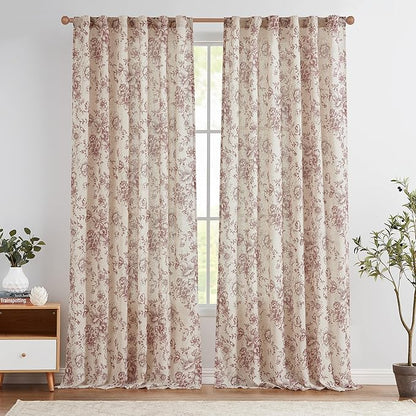 jinchan Linen Blend Curtain Floral Curtains for Living Room 96 Inch Length Farmhouse Brick Red Printed Curtain Rod Pocket Back Tab Peony Flower Patterned Drapes Curtains Set 2 Panels