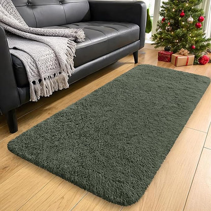 OLANLY 2x5 Machine Washable Runner Rugs for Hallway, Soft Fluffy Shaggy Bedside Rugs for Bedroom, Living Room, Indoor Floor Carpet for Kids Girls and Boys, Home Decor Aesthetic, Olive Green