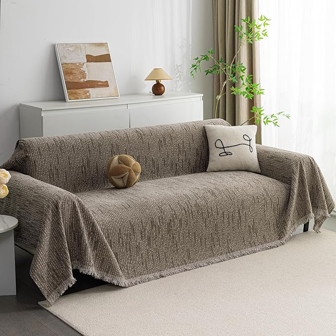 MYSKY HOME Couch Covers for 3 Cushion Couch Sofa, Sectional Couch Cover L Shape Chenille Couch Cushion Covers for Pets, Furniture Protector Cover for Dogs, Kids, 91"X150", Sand