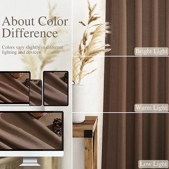 Nanspring Caramel Brown Linen Curtains 63 Inches Length 2 Panels Set for Living Room Back Tab Pocket Light Filtering Semi Sheer Drapes Elegant Farmhouse Cotton Linen Textured Window Curtain 52X63