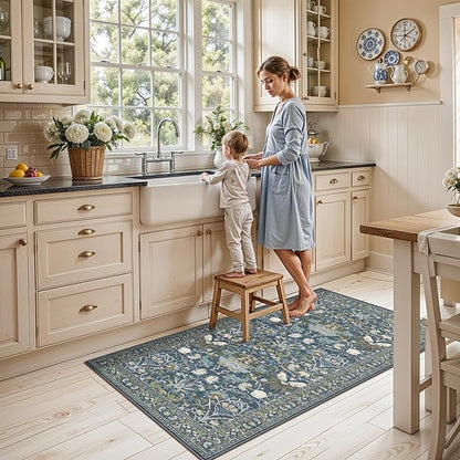 Washable 2x4 Entryway Area Rugs: Anti-Slip Thin Kitchen Carpet Indoor Light-Weight Doormat Ultra Soft Low Pile Nursery Room Rug Vintage Small Floor Mat for Hardwood Bedroom (2x4,Floral/Blue)