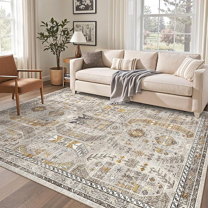 Madane 6x9 Area Rugs for Living Room, Stain Resistant Washable Rugs, Non-Slip Backing Area Rug, Vintage Home Decor Rug for Bedroom (Brown/Gold, 6'x9')