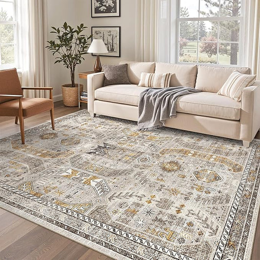 Madane 6x9 Area Rugs for Living Room, Stain Resistant Washable Rugs, Non-Slip Backing Area Rug, Vintage Home Decor Rug for Bedroom (Brown/Gold, 6'x9')