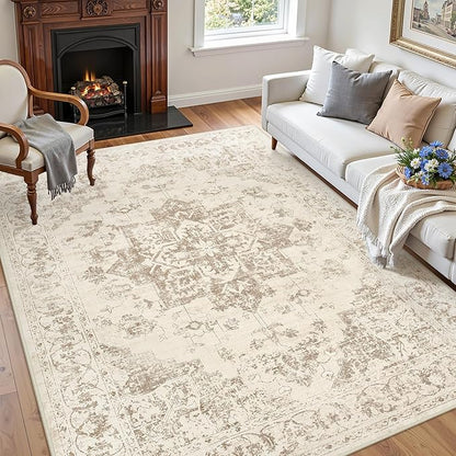 5x7 Area Rugs for Living Room: Vintage Boho Neutral Washable Rug Indoor Soft Large Area Rug Carpet for Bedroom Nursery Farmhouse Dining Room Office Floor Non-Slip Low Pile Under Table Rug Beige/Ivory