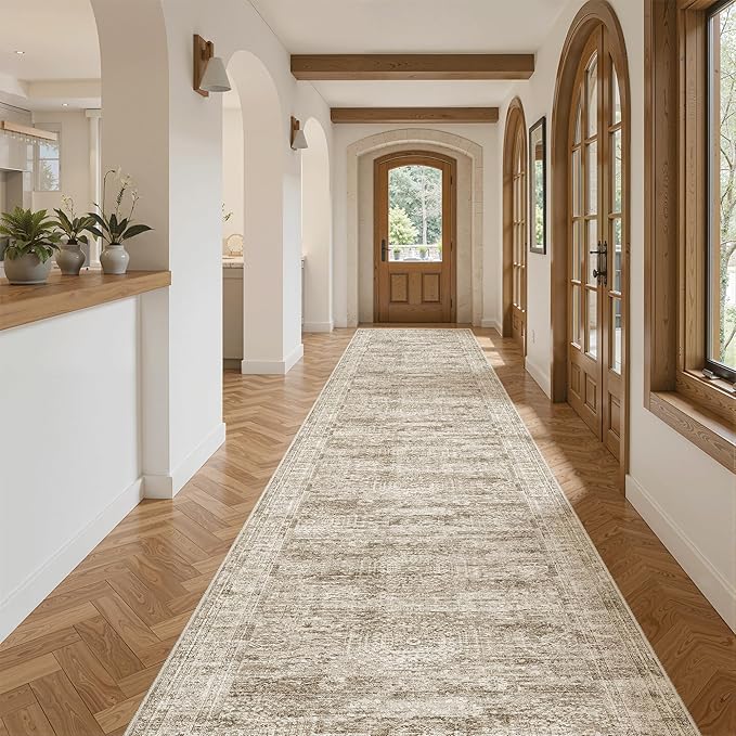 Hallway Runner 3x14 - Runner Rugs 14ft Washable Entryway Rug Vintage Kitchen Runners Non Slip Indoor Rug Farmhouse Carpet Runner for Bathroom Living Room Bedroom, Brown