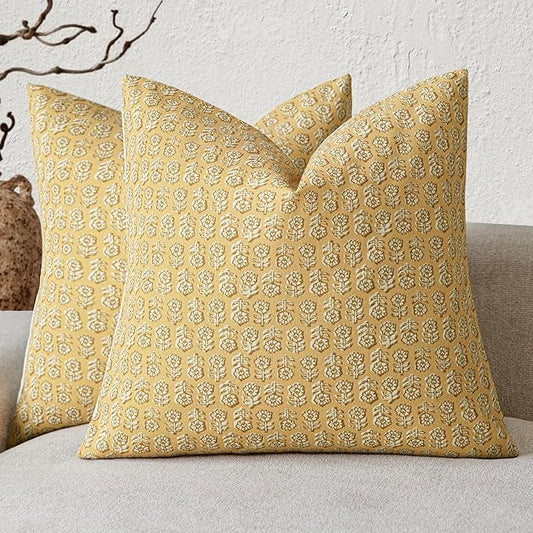 Foindtower Set of 2 Decorative Vintage Floral Print Throw Pillow Covers Neutral Modern Farmhouse Cushion Covers Boho Home Decor For Sofa Couch Chair Bedroom Living Room Outdoor,22×22 Inch,Light Yellow