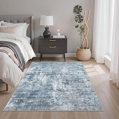 Soalmost Area Rugs 4x6 for Living Room, Vintage Abstract Washable Rugs for Dining Room, Kitchen, Non-Slip Area Rug Blue