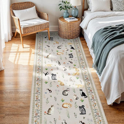 2x5 Washable Kitchen Runner Rug - Soft Low Pile Floral Animal Cat Print Rugs with Non-Slip Backing Waterproof Stain-Resistant Indoor Carpet for Hallway Entryway Bathroom Bedroom (Light Beige)