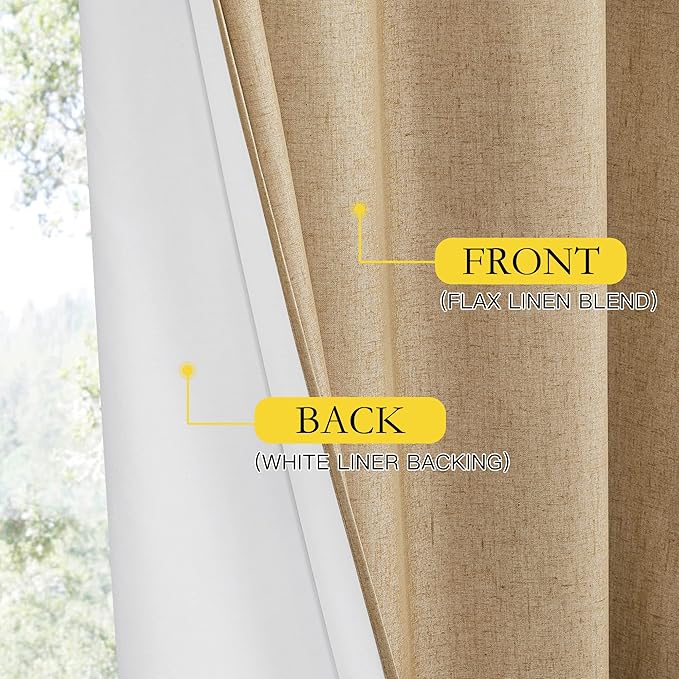 NICETOWN 100% Absolutely Blackout Linen Curtains with Thermal Insulated White Liner, Camel, W52 x L84, 2 Panels, Long Curtains 84 inch Length for Patio Door, Doorway, Office, Overnight Shiftworker