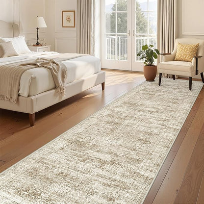 3x12 Runner Rug for Hallway, Non-Slip Long Bathroom Rugs Runner for Kitchen, Bedroom, Soft Vintage Abstract Washable Rug for Entryway, Thin Floor Mat for Dining Room(3'x12', Brown/Ivory)