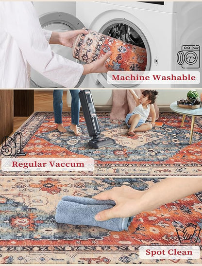 SERISSA Boho Washable Runner Rug, 2x5 Rug Non-Slip Tribal Hallway Kitchen Runner Rug Ultra Soft Print Distressed Vintage Floor Carpet for Bedroom Bathroom Laundry Living Room