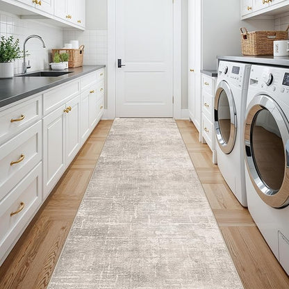 Hallway Washable Runner Rug - 2'6x14 Kitchen Rugs Stain Resistant Entryway Area Rug Abstract Soft Floor Mat Non-Slip Indoor Farmhouse Carpet for Bathroom Living Room Bedroom(2'6x14,Beige/Cream