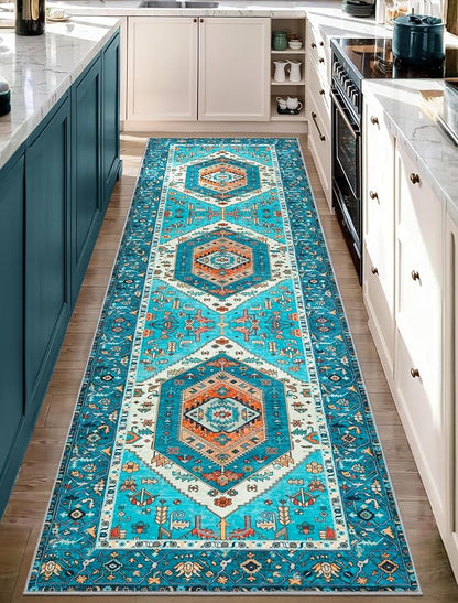 SERISSA Boho Washable Runner Rug, 2'6"x10' Rug Runner Non-Slip Vintage Blue Hallway Kitchen Runner Rug Ultra Soft Print Distressed Tribal Floor Carpet Runner for Bedroom Bathroom Laundry Room