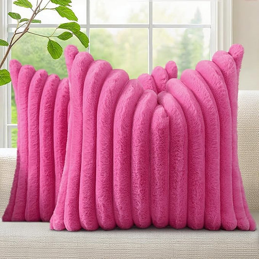 decorUhome Summer Cozy Faux Fur Throw Pillow Covers 26x26 Set of 2 Decorative Soft Plush Striped Modern Farmhouse Boho Couch Euro Sham Pillow Cases with Velvet Back for Sofa Bed Living Room, Hot Pink
