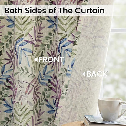 Yakamok Farmhouse Linen Curtains for Living Room 84 Inches Long,Texture Curtains Blue and Purple Grommet Leaves Plant Pattern Bedroom Curtain 2 Panels