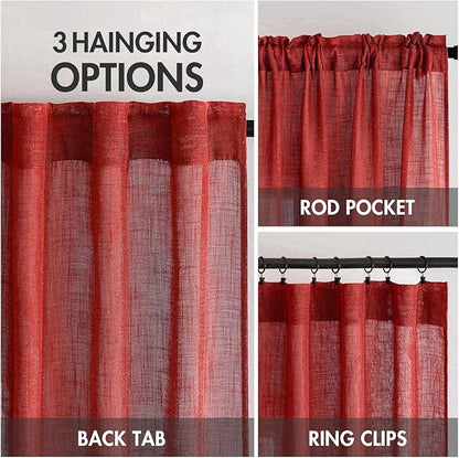 MIULEE Red Linen Short Curtains 63 Inch Length 2 Panels for Kitchen Bedroom, Christmas Soft Thick Linen Textured Window Drapes Living Room Semi Sheer Light Filtering Back Tab Burlap Look Decor