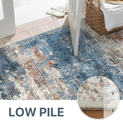 Area Rugs 6x9 for Living Room Bedroom, Modern Abstract Machine Washable Rug, Large Soft Low Pile Floor Carpet with Non Slip Backing for Dining Room, Blue/Brick