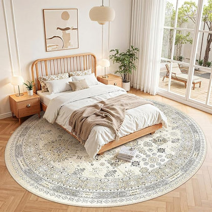 zesthome 9ft Round Rugs for Living Room, Non-Slip Washable Round Area Rugs, Ultra-Thin Large Circle Rugs, Soft Low Pile Rug for Bedroom, Kitchen - Vintage Stain Resistant Round Rug (Beige,9'x9')