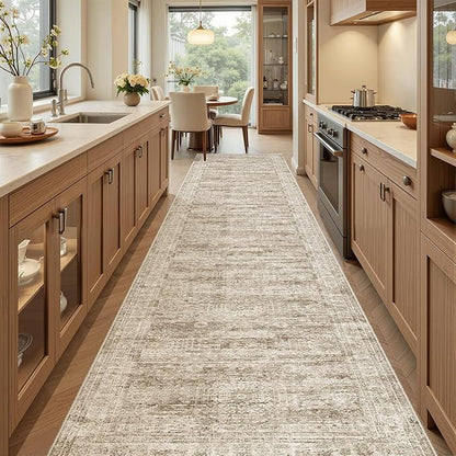 Runner Rug 2'6" x 12' Washable Non-Slip Runner Rugs for Kitchen Bathroom Laundry Room Vintage Ultra Thin Runners for Hallway Entryway Brown