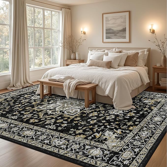 8x10 Area Rugs for Living Room: Washable Rug Soft Vintage Boho Medallion Carpet Indoor Non-Slip Stain Resistant Large Carpets for Bedroom Dining Room Farmhouse Nursery Home Office Black Gold