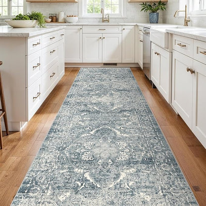 4x12 Washable Hallway Runner Rug - Wide Kitchen Runners Vintage Low Pile Carpet Soft Thin Floor Runner with Rubber Backing for Entryway Bedroom Living Room Home Decor (Blue)