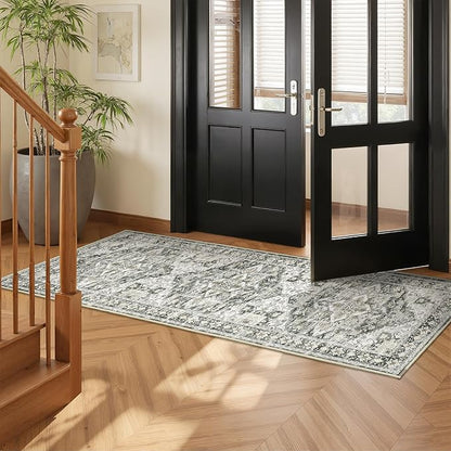 Runner Rug 2x6, Non Slip Washable Rugs for Laundry Room, Runners for Hallways, Low Pile Vintage Soft Rugs for Living Room, Kitchen Bathroom,Bedroom Rug(Grey/Beige,2'x6')