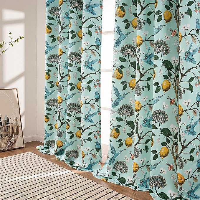 Topfinel 94 Inches Long Custom Floral Curtains Unique Cottagecore Whimsical Vintage Pretty Fun Flower Hummingbird Patterned Double Sided Grommet Print Drapes for Bedroom Living Room Dining Mint Green