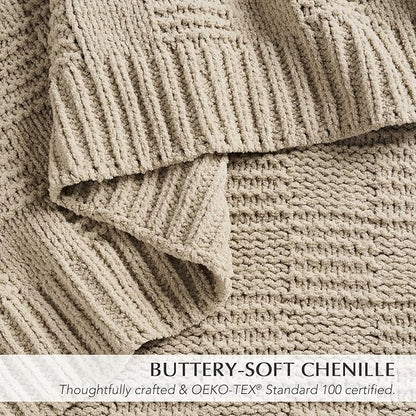 EVERGRACEHOME Modern Checkered Chenille Throw Blanket, Soft Cozy Plaid Knitted Blanket for Sofa & Couch, Decorative Knit Throw for Bed and Living Room, Sand Dune, 60" x 80"