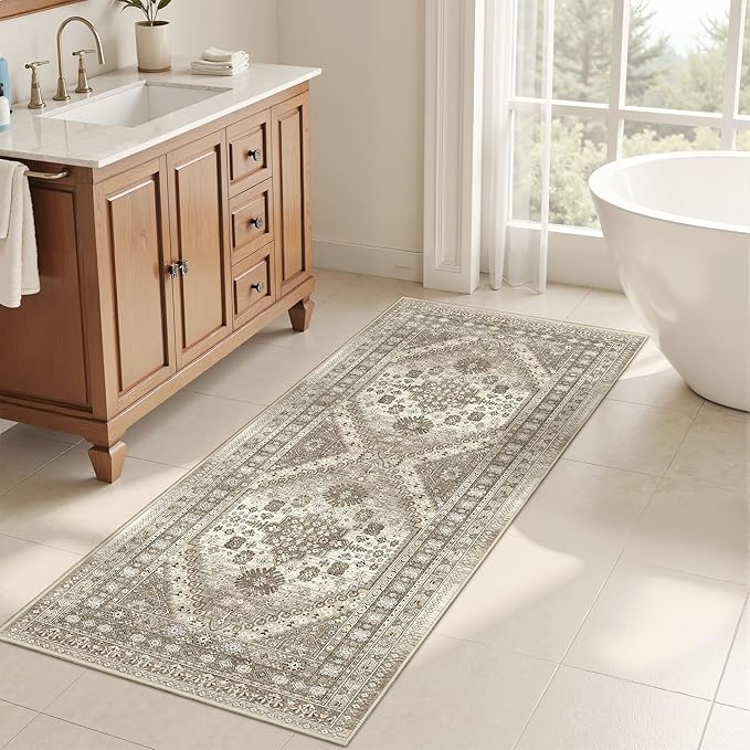 Runner Rug 2x6, Ultra-Thin Entryway Rug Non Slip Washable Rugs for Laundry Room, Runners for Hallways, Vintage Soft Rugs for Living Room, Kitchen, Bedroom(Brown,2'x6')