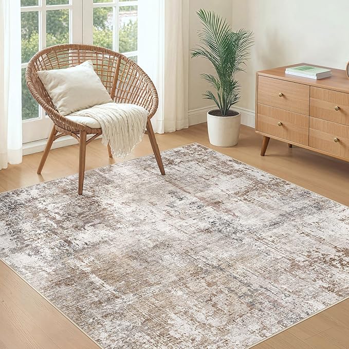 UERMEI Square Area Rugs : Washable 5x5 Neutral Modern Abstract Carpet for Living Room Bedroom - Soft Floor Mat with Non Slip Backing for Kitchen Nursery Dorms Farmhouse Home Decor - Brown/Grey/Red