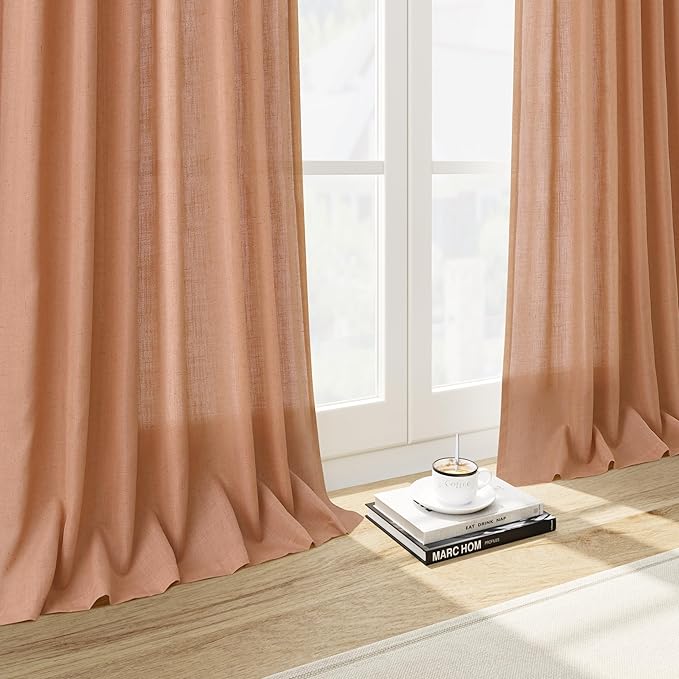 Nanspring Peach Quartz Curtains 84 Inch Long 2 Panels Set Back Tab Rod Pocket Linen Blend Light Filtering Semi Sheer Boho Style Curtain Textured Curtain for Cozy Bedroom and Living Room Decor 52x84