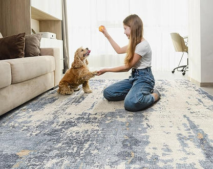 UERMEI 9x12 Area Rug Living Room Rugs - Washable Neutral Modern Abstract Soft Thin Rug Indoor Floor No Slip Rug Carpet for Bedroom Under Dining Table Home Office Decor - Blue/Light Brown