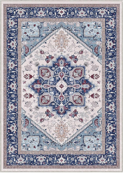 OPPODREAM Soft 10x14 Area Rugs, Washable Rugs 10x14 with Non Slip Backing, Low-Pile Faux Cashmere 10 x 14 Carpet, Navy Blue & Red & Cream