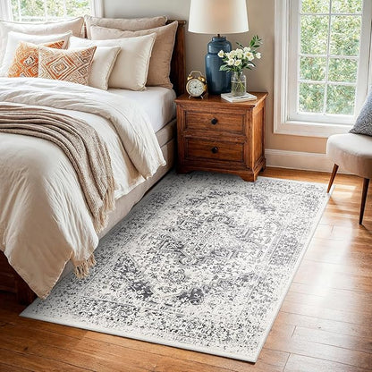 Washable 3x5 Area Rug for Entryway - Kitchen Non Slip Low-Pile Rugs Vintage Soft Thin Carpet Small Stain Resistant Mat for Bedroom Entrance Bathroom Floor Decor (Distessed Grey)