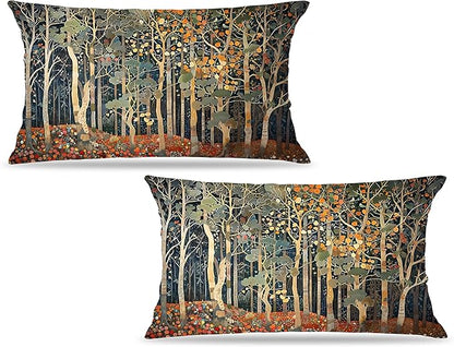 Rustic Autumn Forest Pillow Covers 20x12 Set of 2, Fall Home Room Decor, Vintage Botanical Nature William Morris Inspired Decorative Throw Pillow Covers for Home Bedroom Living Room