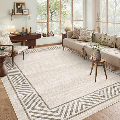 GarveeHome Large Dining Room Rug 10x13 Washable Bordered Carpet for Bedroom, Stain-Resistant Ultra-Thin Indoor Rug with Non-Slip Backing, Contemporary Floor Cover for Living Room, Office, Beige