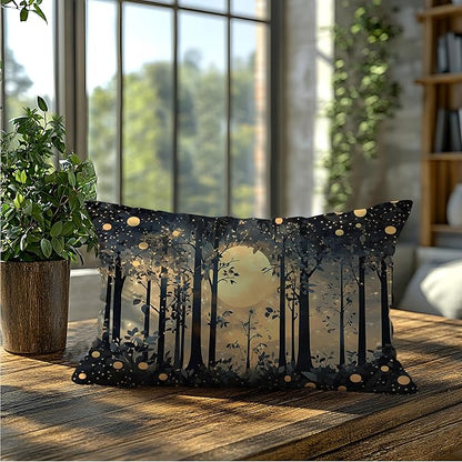 Rustic Night Moon William Morris Inspired Forest Gold Pillow Covers 18x18,Vintage Black and Gold Botanical Nature Landscape Decorative Throw Pillow Covers for Home Bedroom Living Room