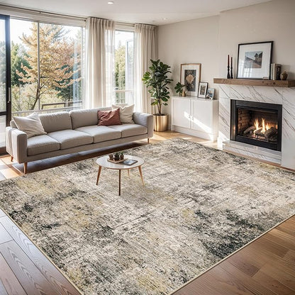 6x9 Area Rugs for Living Room - Washable Rug Modern Abstract Soft Large Neutral Non-Slip Carpet Indoor Floor Thin Carpets for Bedroom Dining Room Farmhouse Nursery Home Office Brown Black Grey