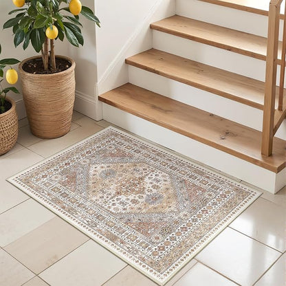 Entryway Rug - 2x3 Washable Rug Runner for Bathroom, Laundry Room, Kitchen, Soft Vintage Hallway Runner for Bedroom, Non-Slip Door Mat Indoor Entrance(Orange,2'x3')