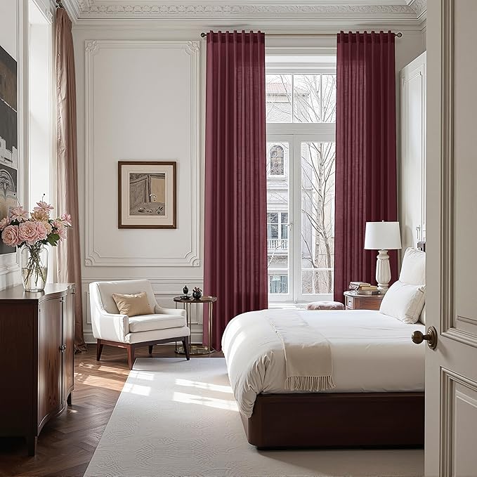 Nanspring Burgundy Linen 112 Inch Curtains for Living Room Light Filtering Semi Sheer Curtain Back Tab Vintage Boho Decor Elegant Drapes Floor to Ceiling High Window for Bedroom 52x112, 2 Panels
