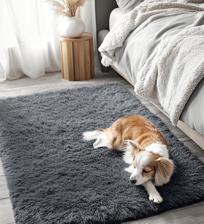OLANLY 4x4 Machine Washable Accent Rug, Soft Fluffy Shaggy Area Rug for Bedroom, Living Room, Indoor Floor Carpet for Kids, Nursery, Home Decor, Grey