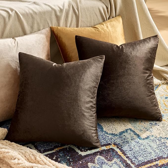 GIGIZAZA Brown Velvet Pillow Covers 16x16,Square Solid Throw Pillow Covers Decorative Modern Pillows Small Vintage Cases for Couch Pack of 2