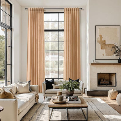 Nanspring Camel Linen Curtains for Living Room Extra Long 144 Inches Long Back Tab Light Filtering Semi Sheer Curtain Vintage Rustic Decor Floor to Ceiling High Window for Bedroom 52x144, 2 Panels