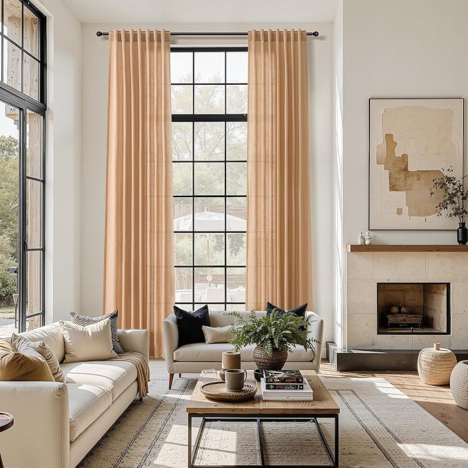 Nanspring Camel Linen Curtains for Living Room Extra Long 132 Inches Long Back Tab Light Filtering Semi Sheer Curtain Vintage Rustic Decor Floor to Ceiling High Window for Bedroom 52x132, 2 Panels
