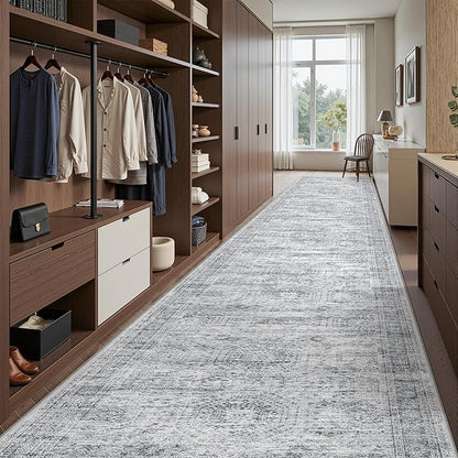 3x16 Washable Runner Rug for Hallway, Non-Slip Long Hallway Runner for Entryway, Soft Vintage Kitchen Mats for Floor, Abstract Dining Room, Bedroom, Living Room Rugs(3'x16', Grey/Ivory)